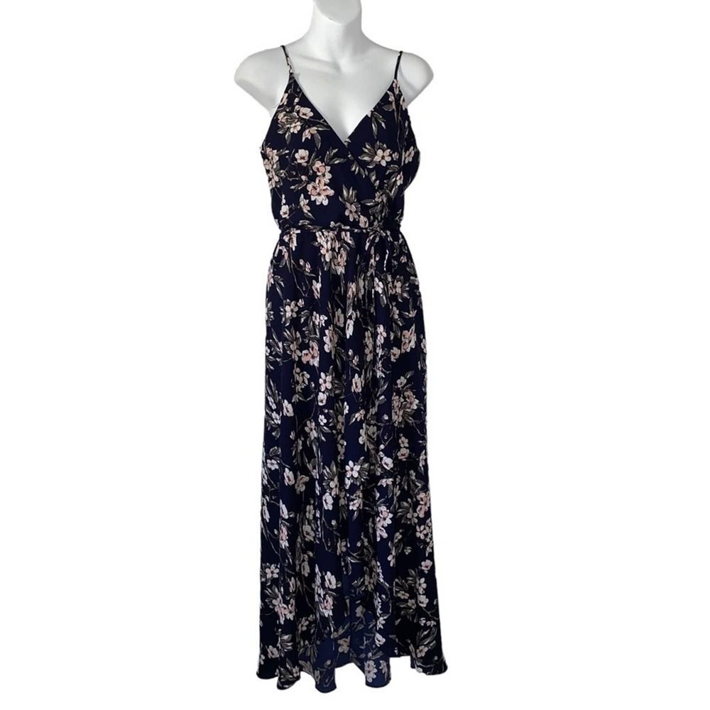 AQUA Navy Blue Spaghetti Strap Halter Faux Wrap High Low Maxi Dress Size M !